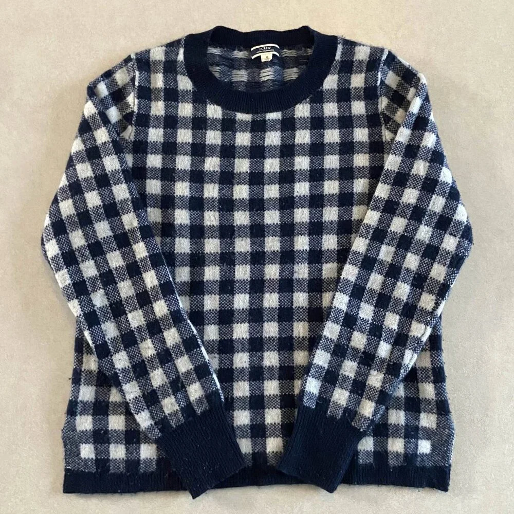 J. Crew Navy Cashmere Gingham Sweater ASO Wednesday Addams